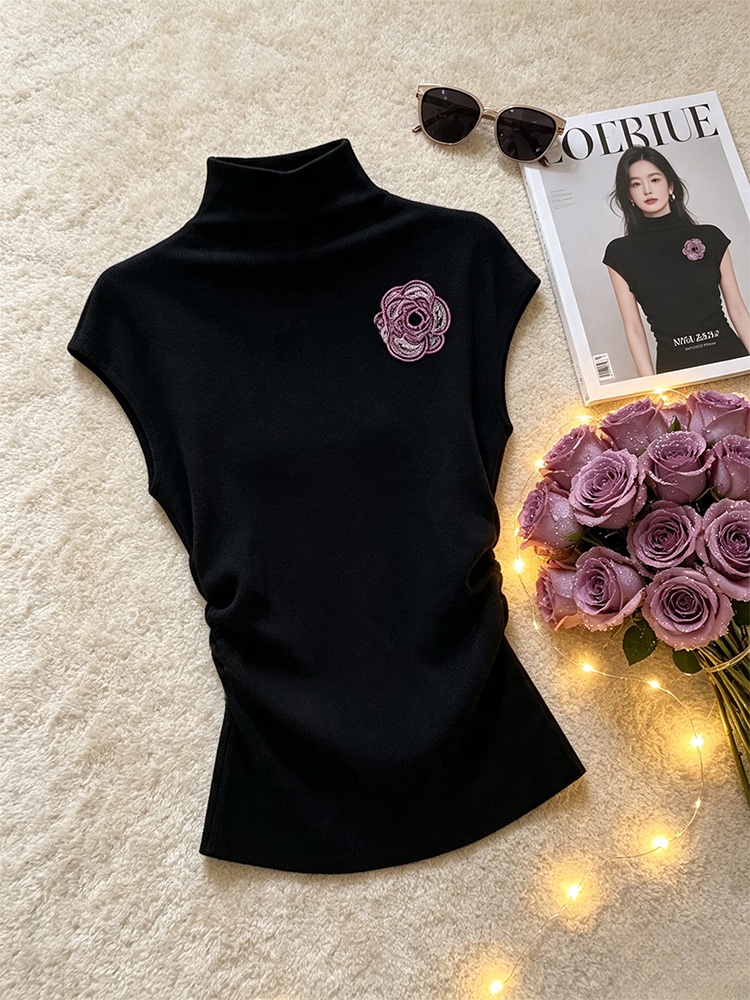 Embroidery Tshirt - Elegant Black High Collar Sleeveless T-Shirt