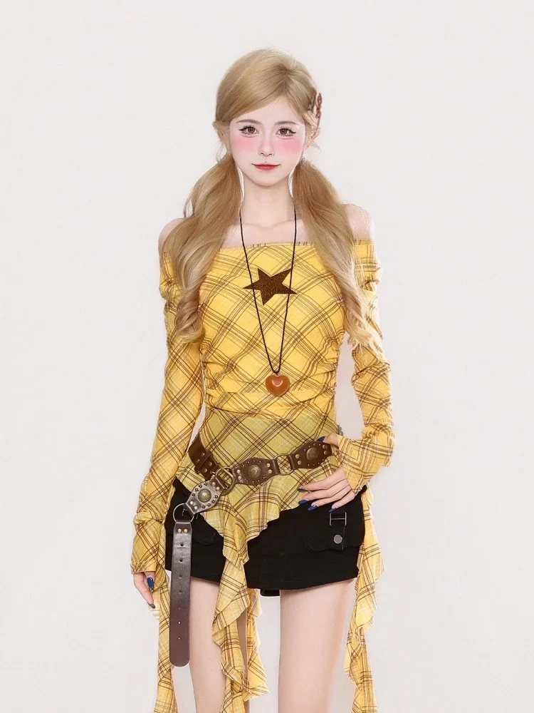 Y2K Plaid Slash Neck Vintage T - огляд і ціна Embroidery Tshirt